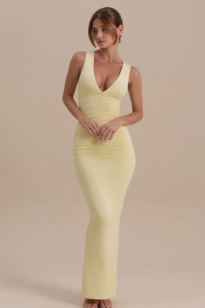 V-Neck Sleeveless Ruched Bodycon Maxi Dress