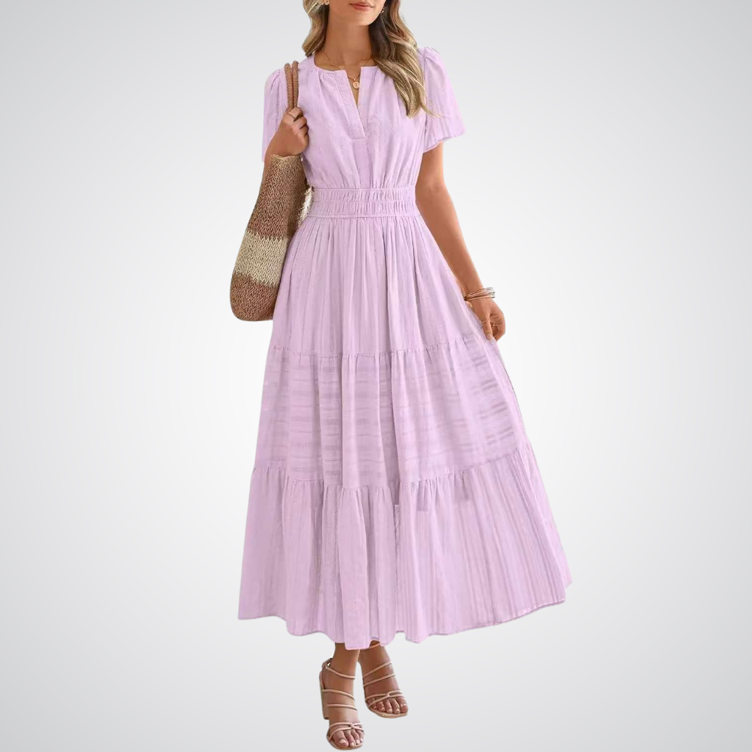 Split Neck Flutter Sleeve Smocked Waist Tiered Maxi Dress 7