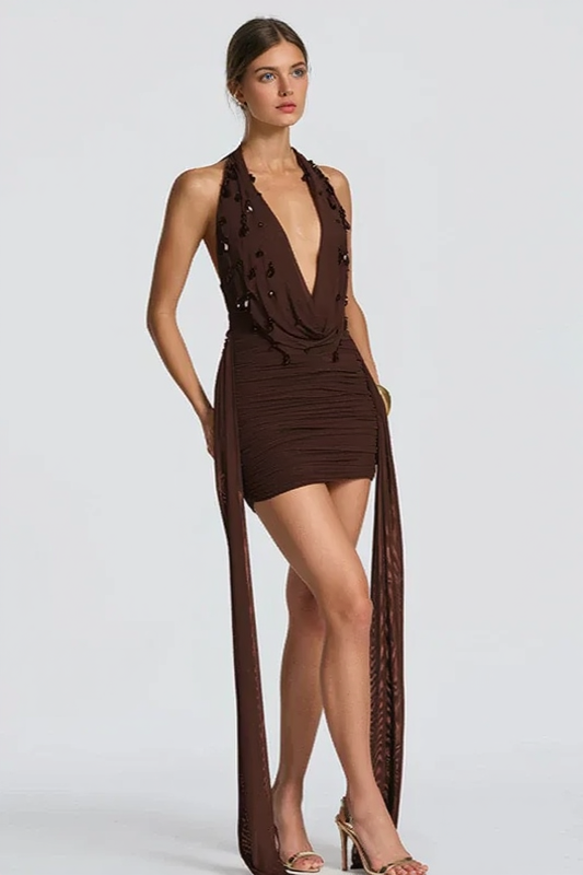 Deep V-Neck Halter Neck Beaded Ruched Bodycon Mini Dress - View 7