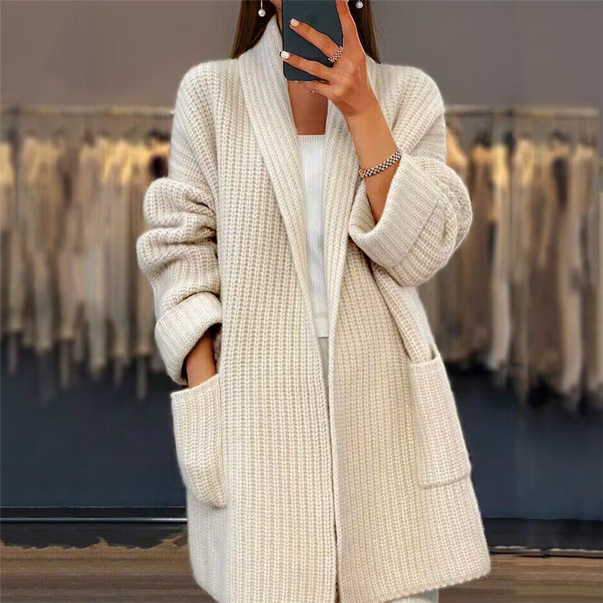 Shawl Collar Open Front Longline Knit Cardigan