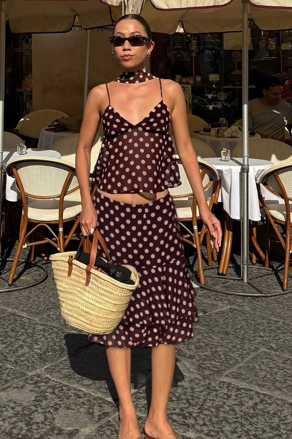Sheer Polka Dot Ruffle Hem Midi Skirt