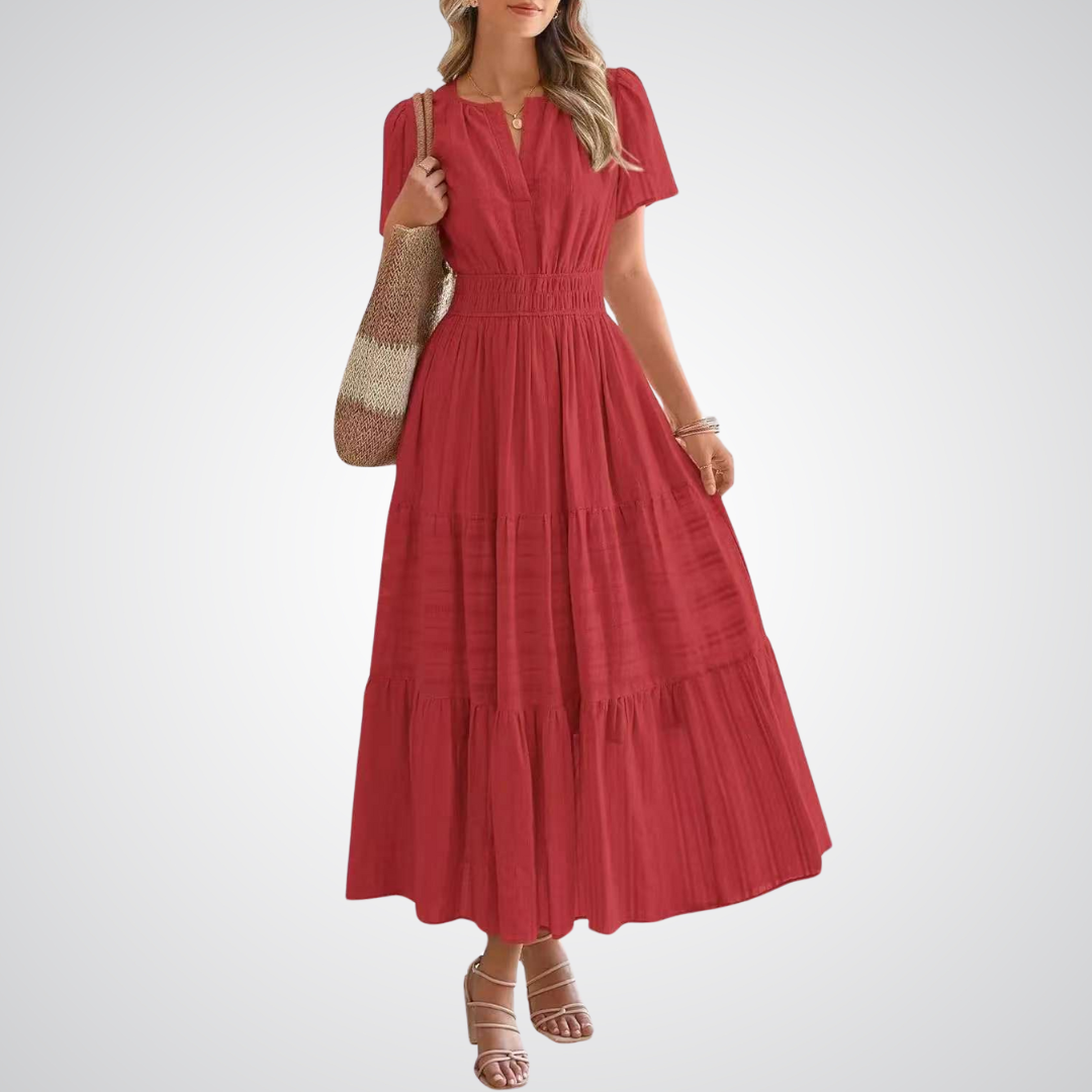 Split Neck Flutter Sleeve Smocked Waist Tiered Maxi Dress 8