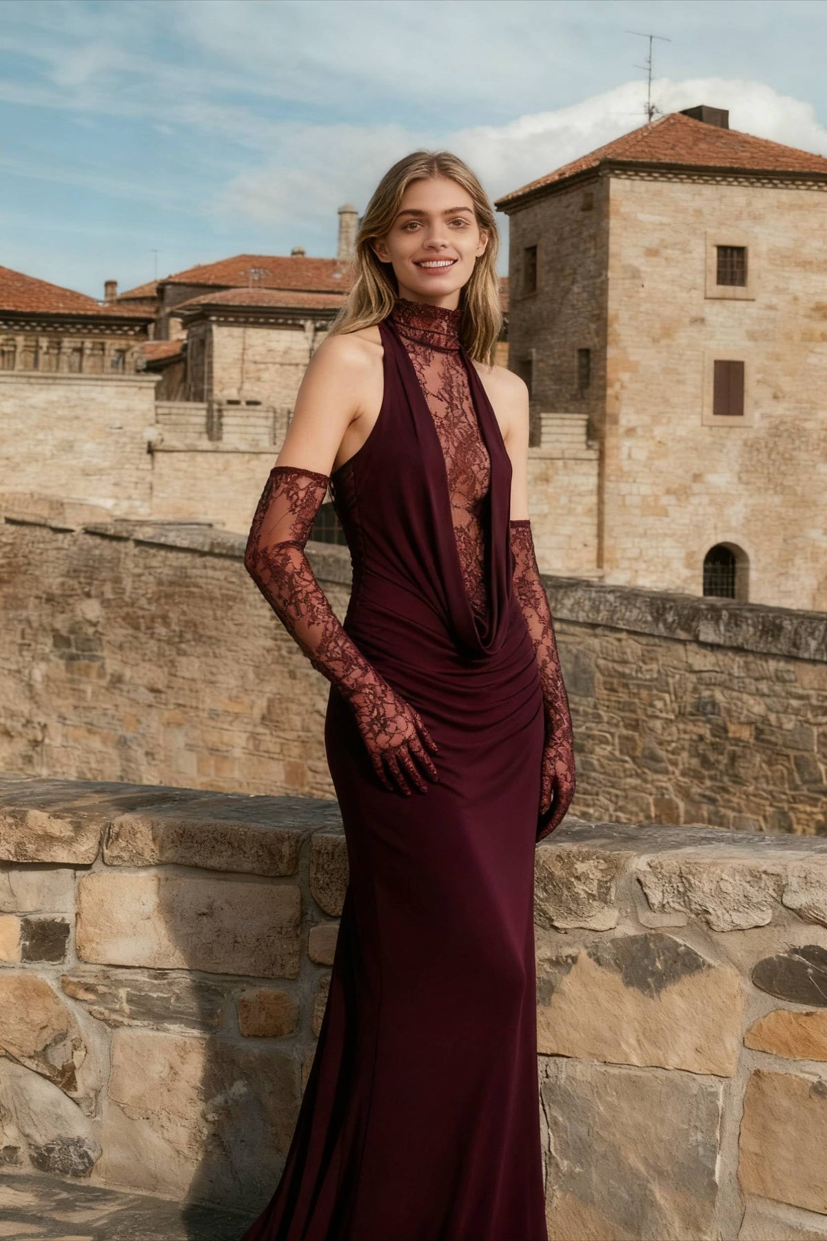 Halter Neck Lace Plunge Ruched Bodycon Maxi Dress - View 3