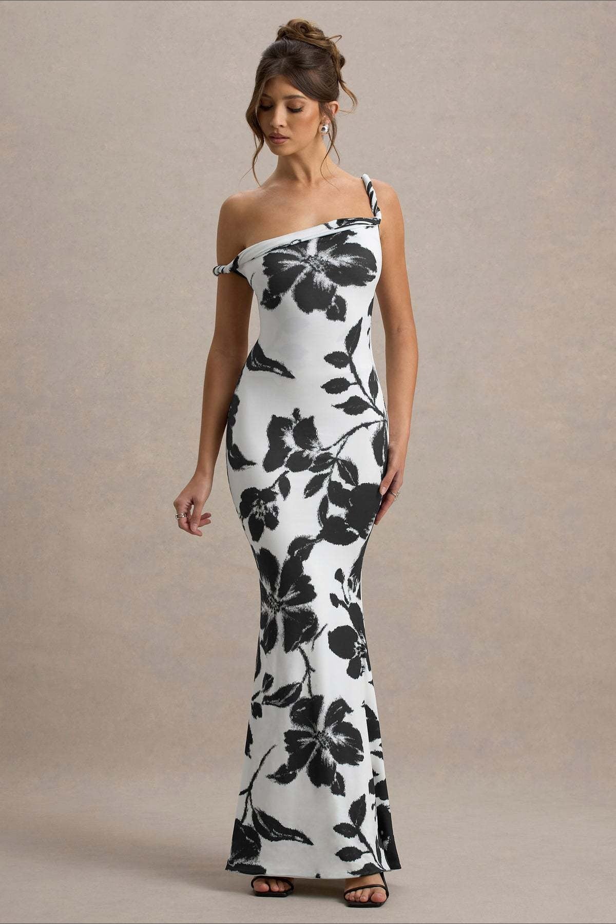 Floral Print One Shoulder Fishtail Bodycon Maxi Dress