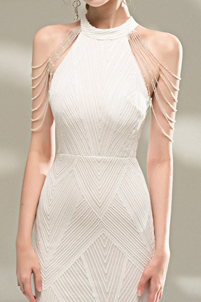 Sequin Halter Neck Fringe Trim Mermaid Maxi Gown - View 3