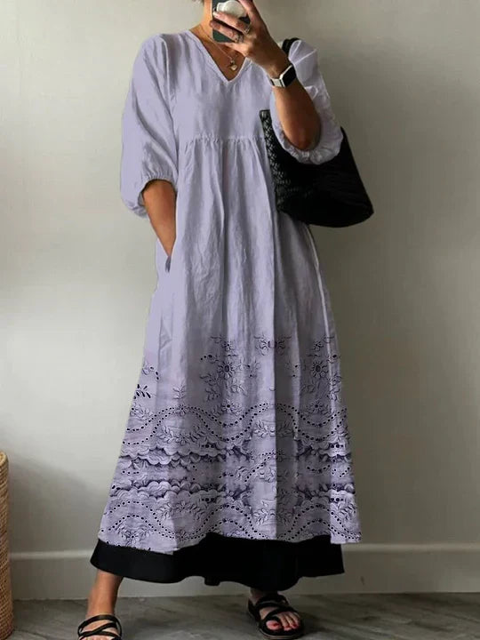 V-Neck Puff Sleeve Eyelet Lace Hem Contrast Maxi Dress