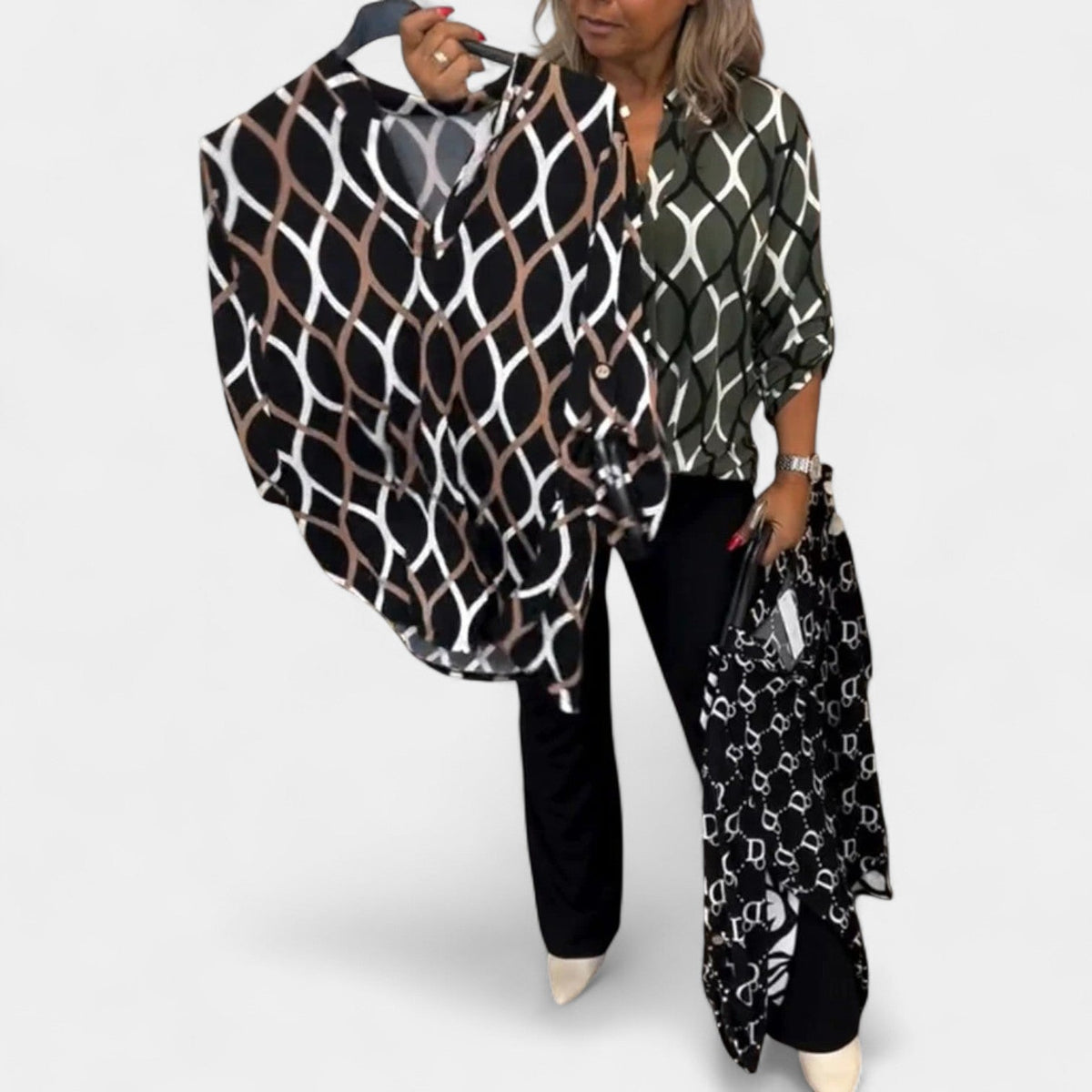 Geometric Print Collared Long Sleeve Blouse 6