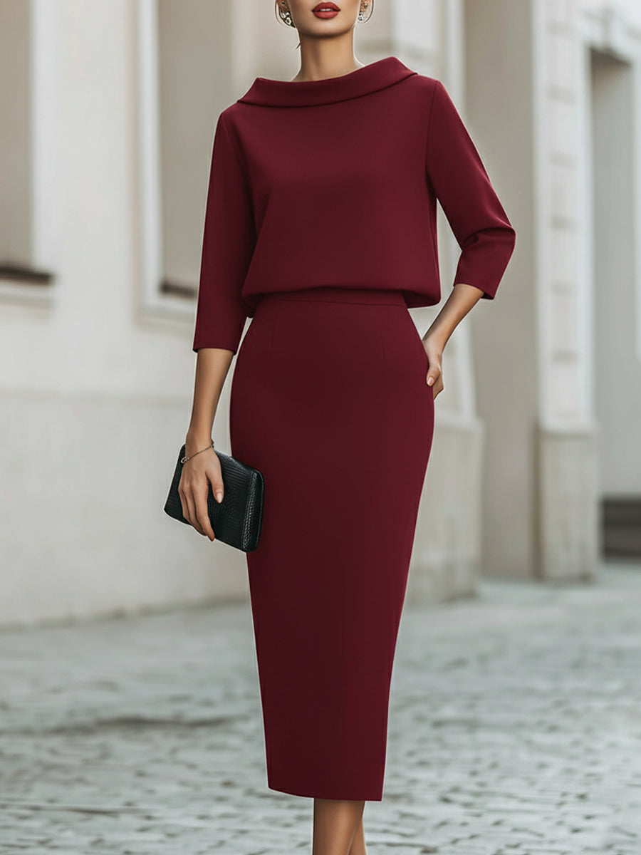 Cowl Neck Top and Straight Midi Skirt Two Piece Set 16