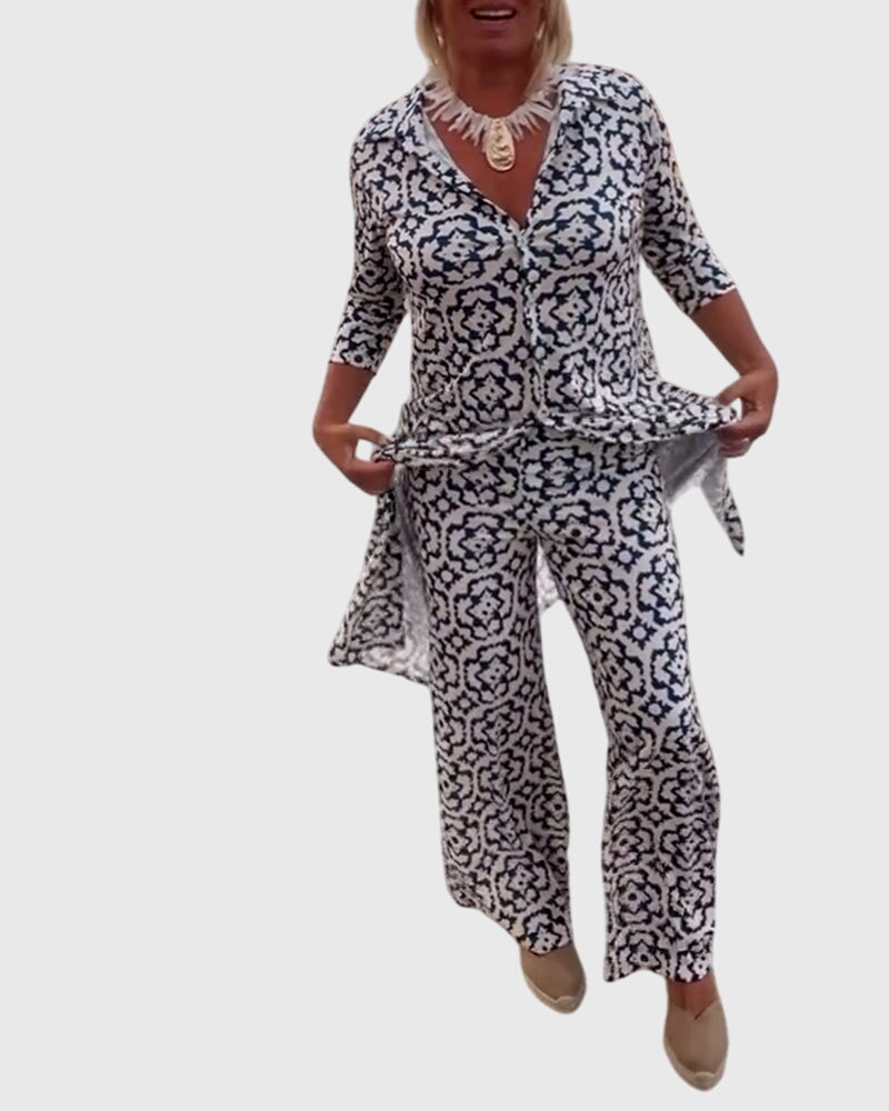 Medallion Print Collared Half Sleeve Tunic and Wide Leg Pants Two Piece Set 4