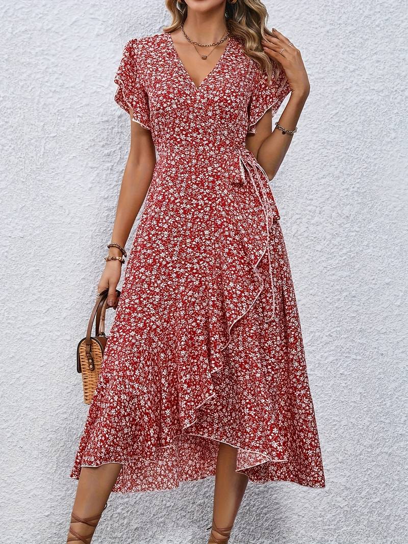 Ditsy Floral V-Neck Flutter Sleeve Wrap Ruffle Midi Dress 2