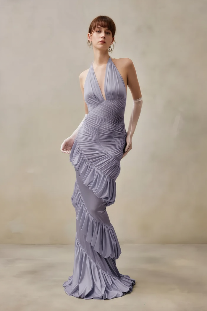 Backless Halter-Neck Ruched Dress