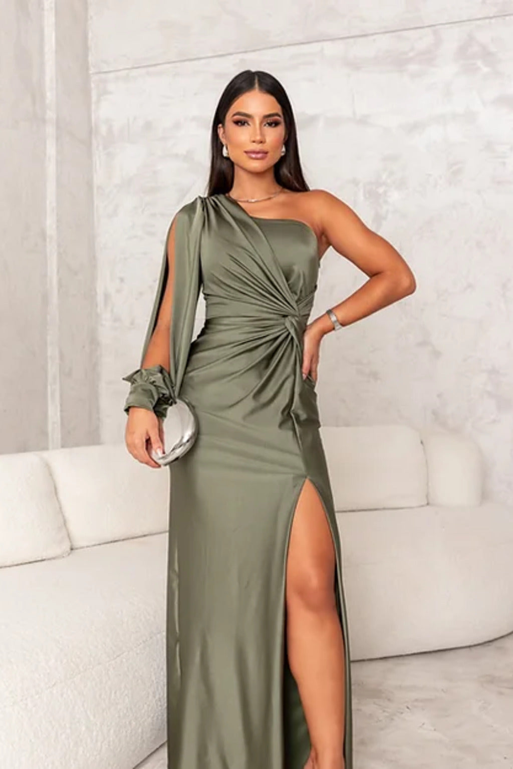 Satin One Shoulder Draped Bishop Sleeve Twist Waist Midi Dress - View 14