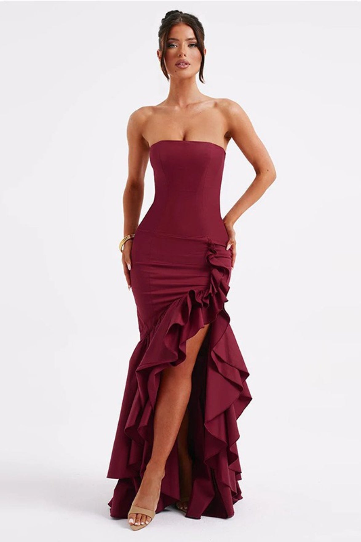 Strapless Contrast Ruffle High Low Bodycon Maxi Dress 8