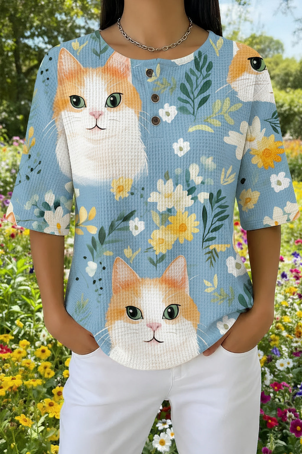 Cat Floral Print Waffle Knit Short Sleeve Henley Top