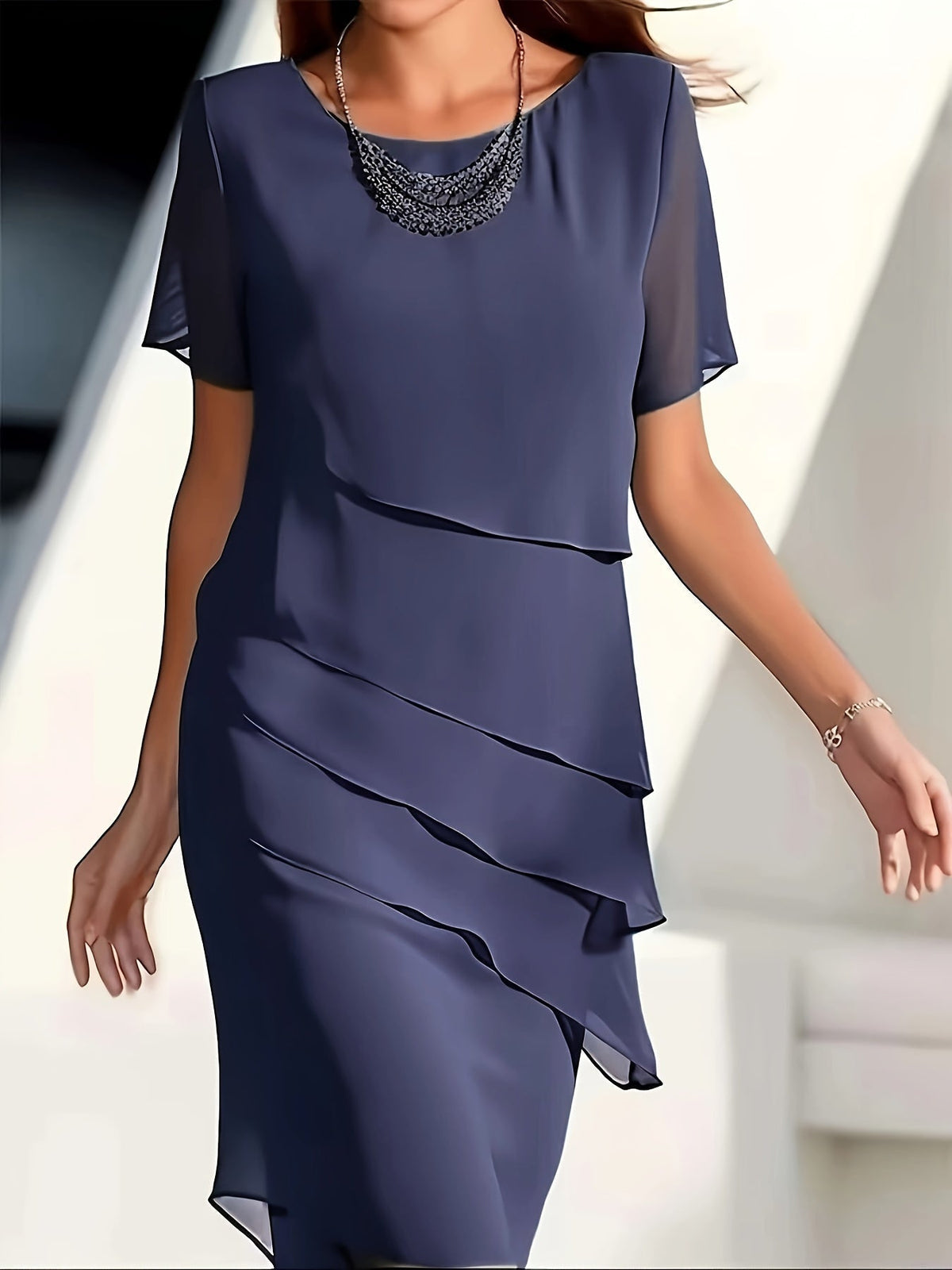 Cotton Layered Trim Round Neck Short Sleeve Midi Dress - View 7