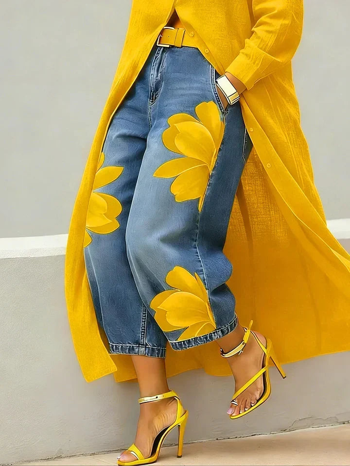 Long Sleeve Duster Shirt and Floral Wide Leg Jeans Two Piece Set 9