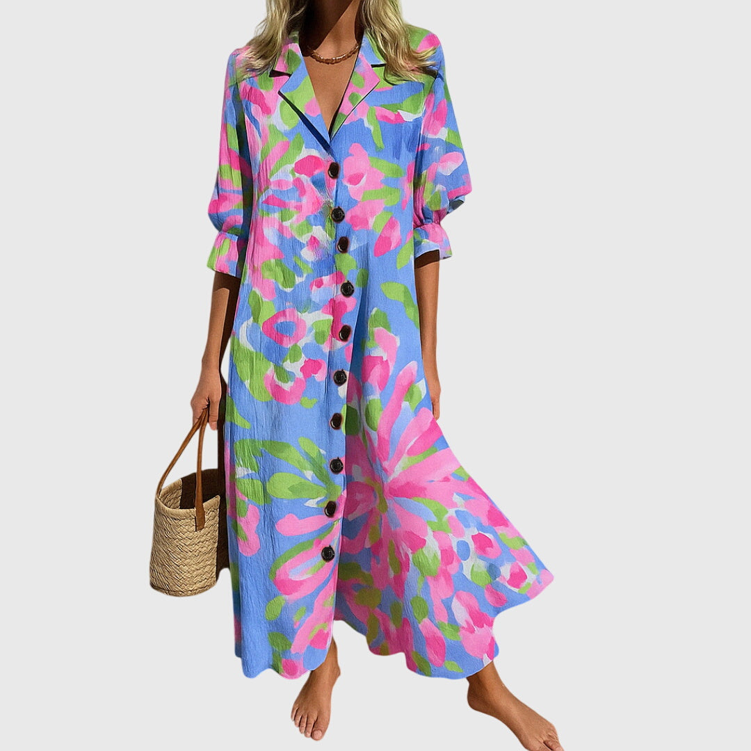 Floral Print V-Neck Button Front Puff Sleeve Maxi Dress 4
