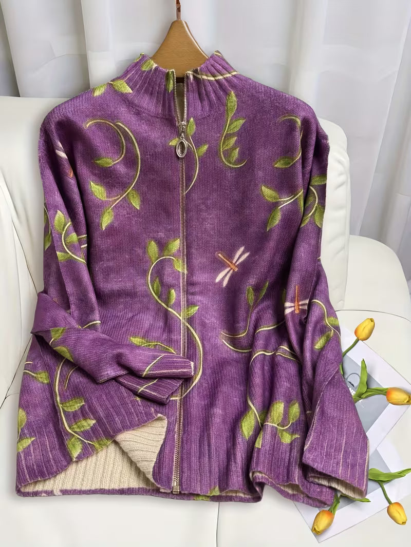 Dragonfly Vine Print Mock Neck Zip Front Knit Cardigan 5
