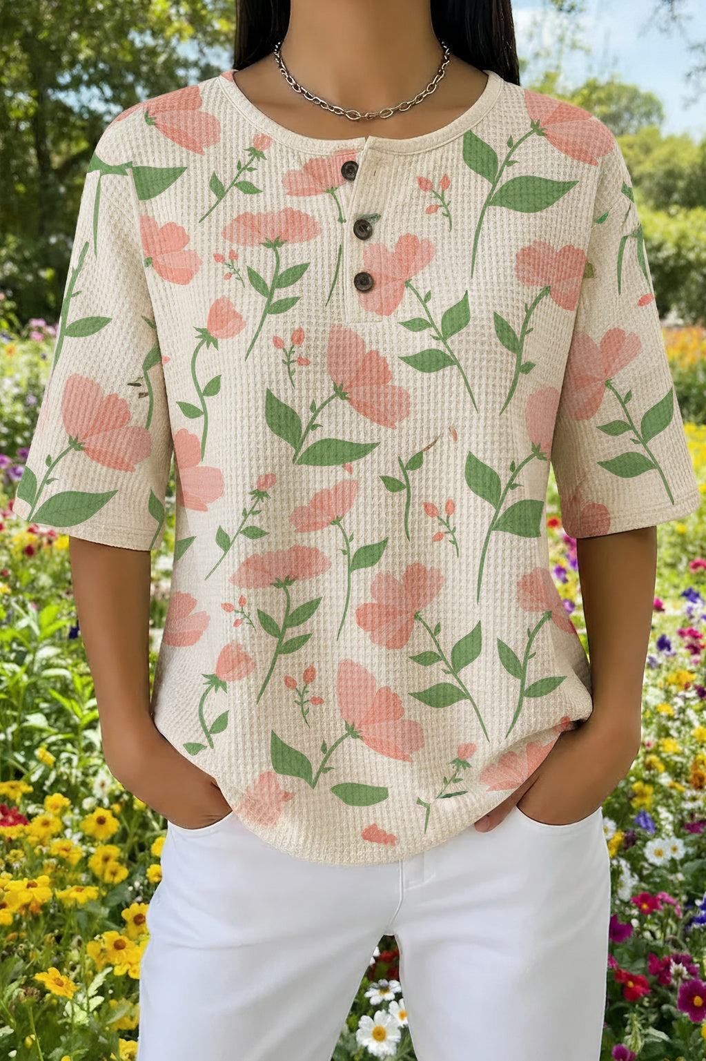 Watercolor Floral Waffle Knit Short Sleeve Henley Top