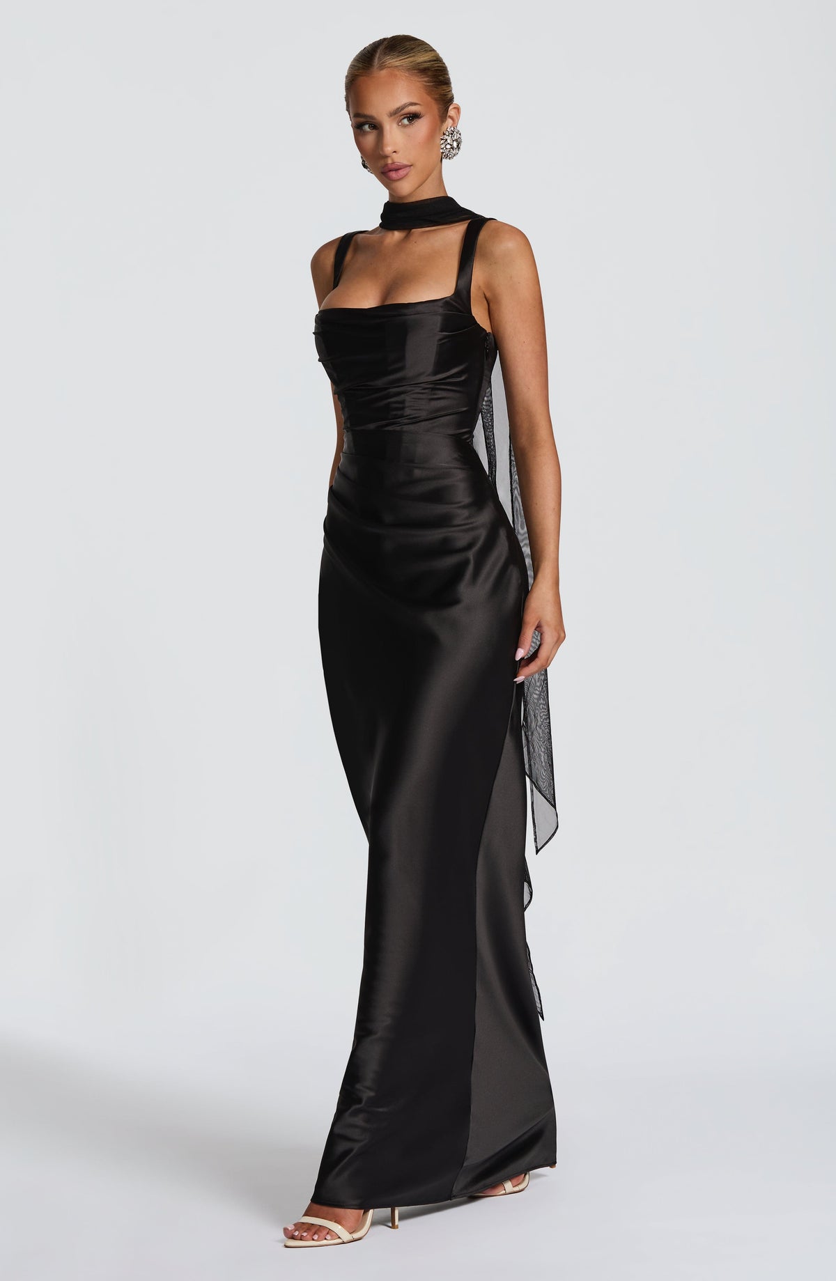 Satin Square Neck Ruched Scarf Mermaid Maxi Gown 5