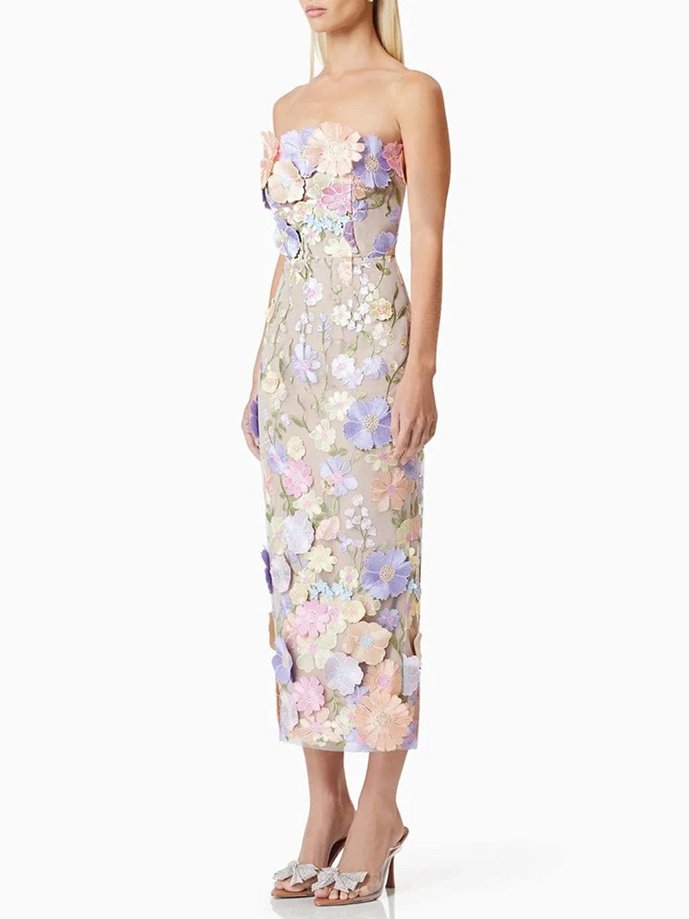 Strapless 3D Floral Applique Sheath Midi Dress - View 3