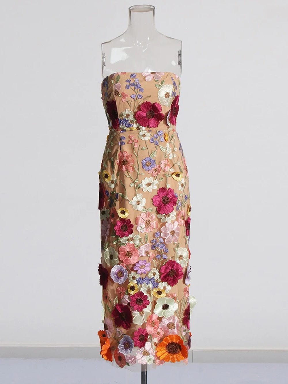 Strapless 3D Floral Applique Embroidered Mesh Overlay Midi Dress - View 7