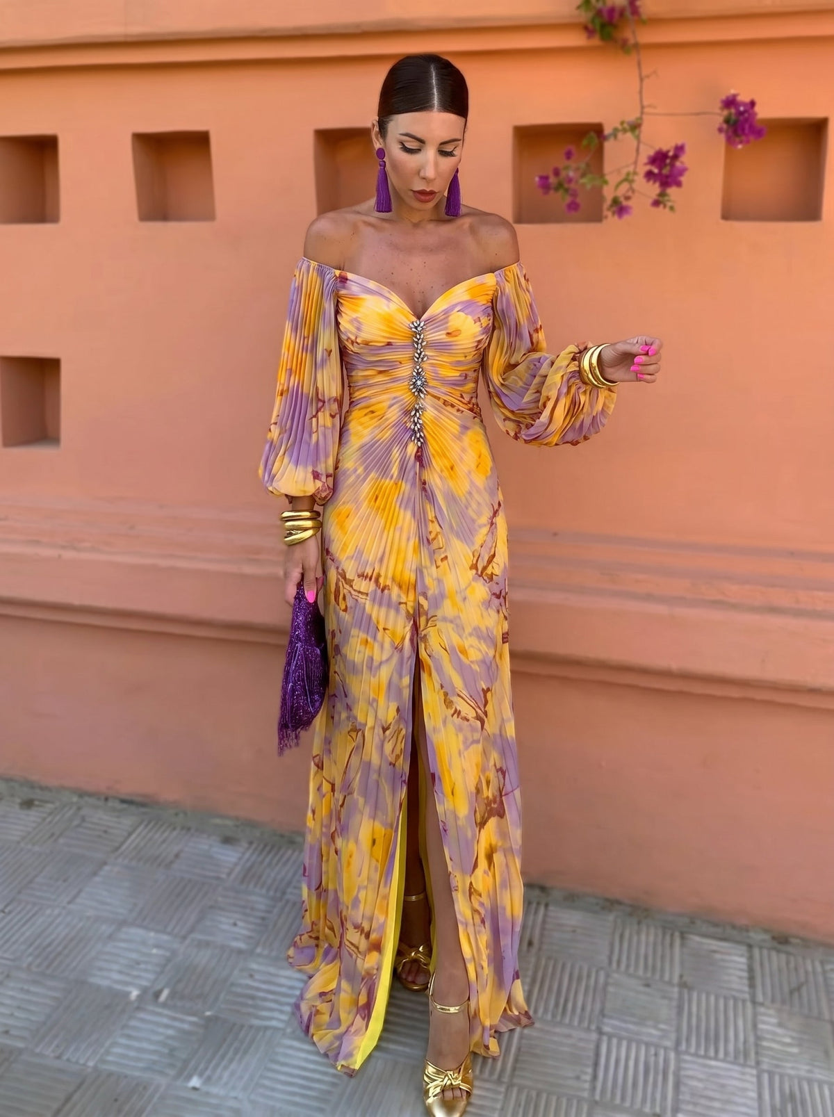 Floral V-Neck Long Sleeve Ruched Embellished Maxi Dress 5
