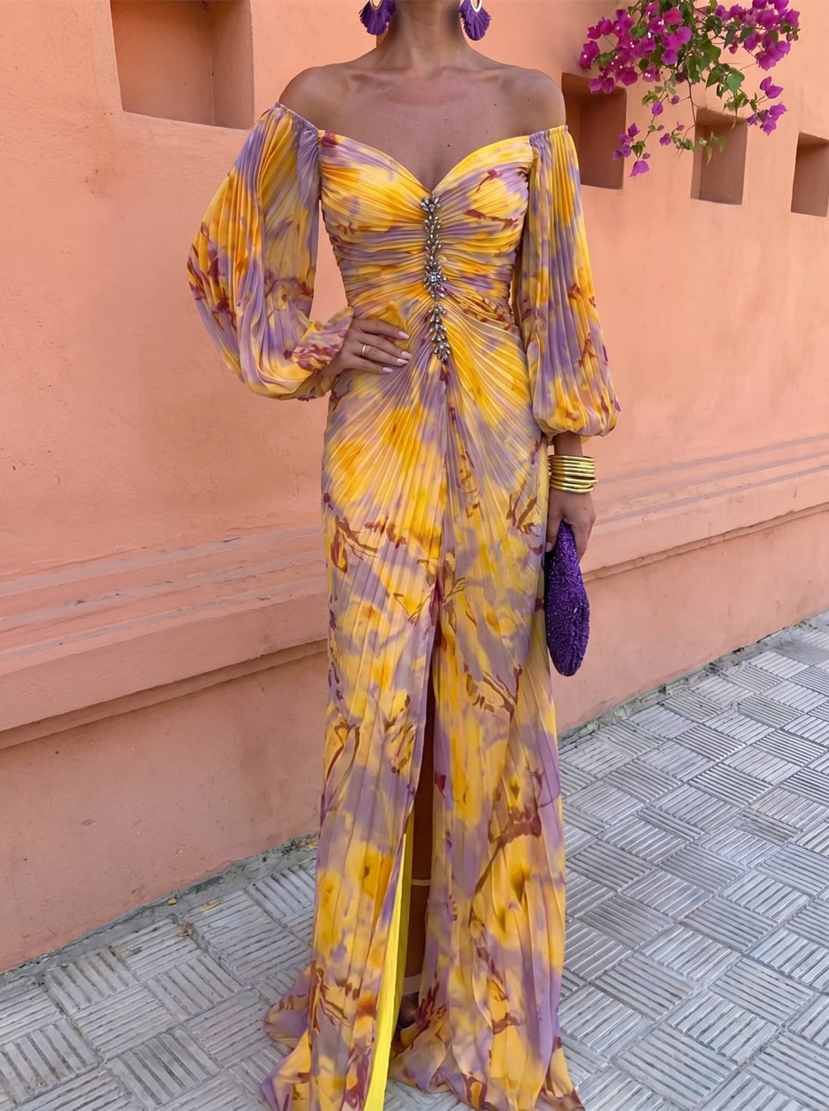Floral V-Neck Long Sleeve Ruched Embellished Maxi Dress 2
