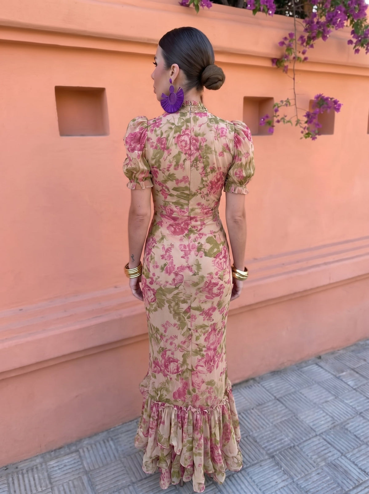 Floral High Neck Puff Sleeve Ruffle Hem Midi Dress 2