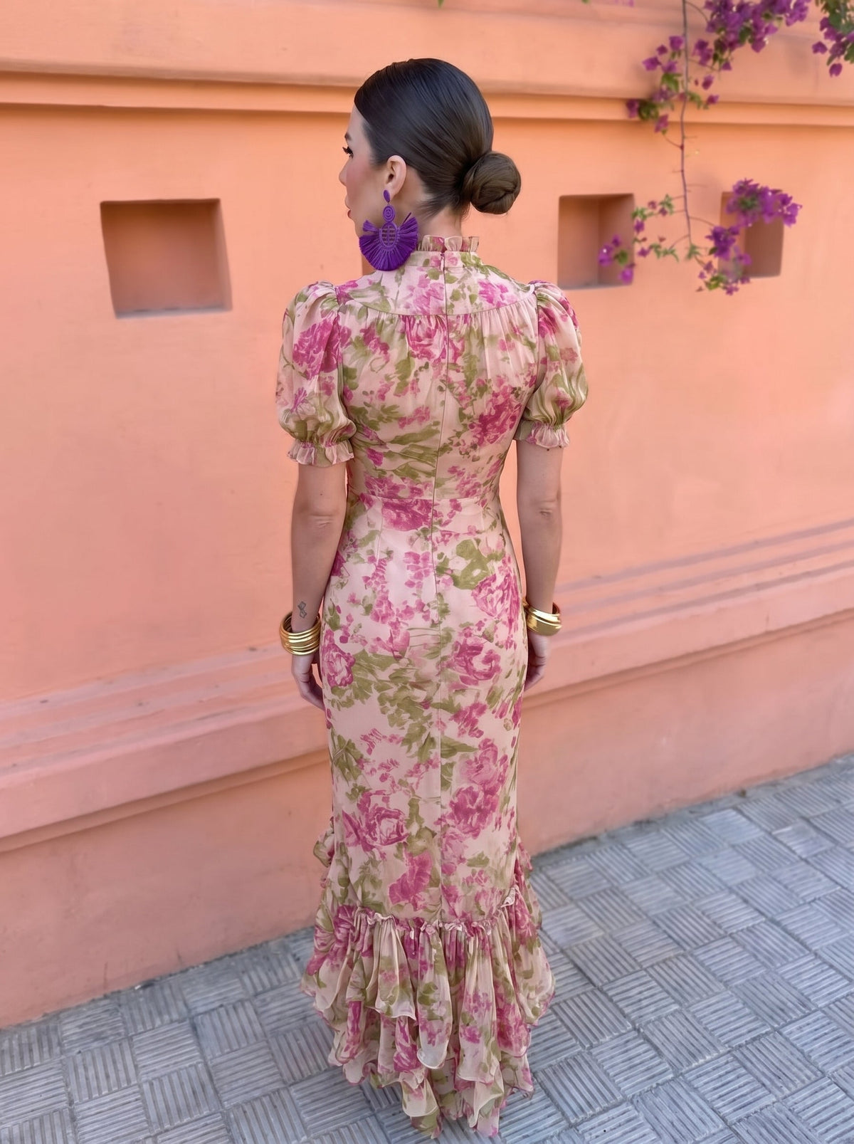 Floral High Neck Puff Sleeve Ruffle Hem Midi Dress 3