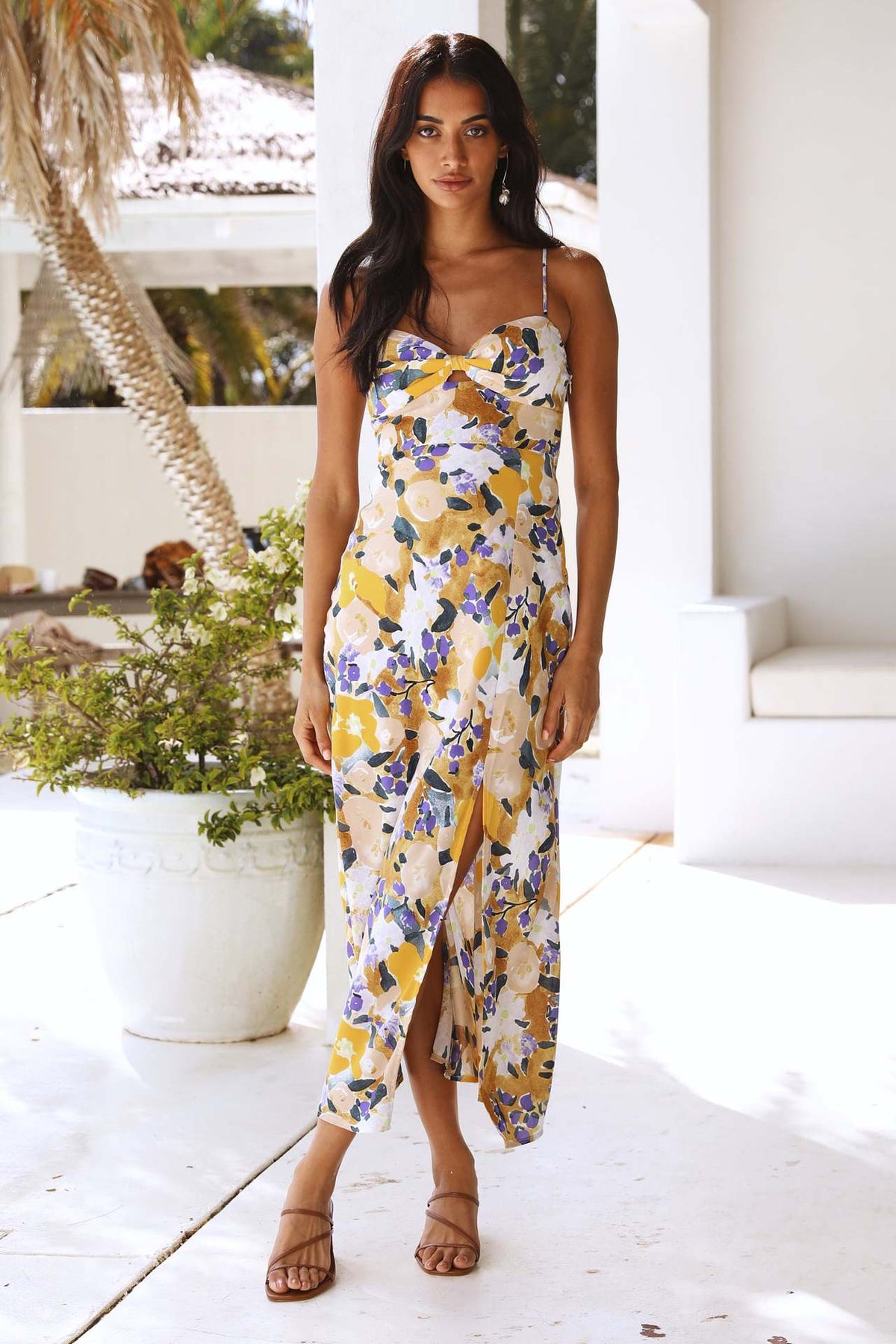 Floral Print Spaghetti Strap Sweetheart Cut Out High Split Maxi Dress - View 4