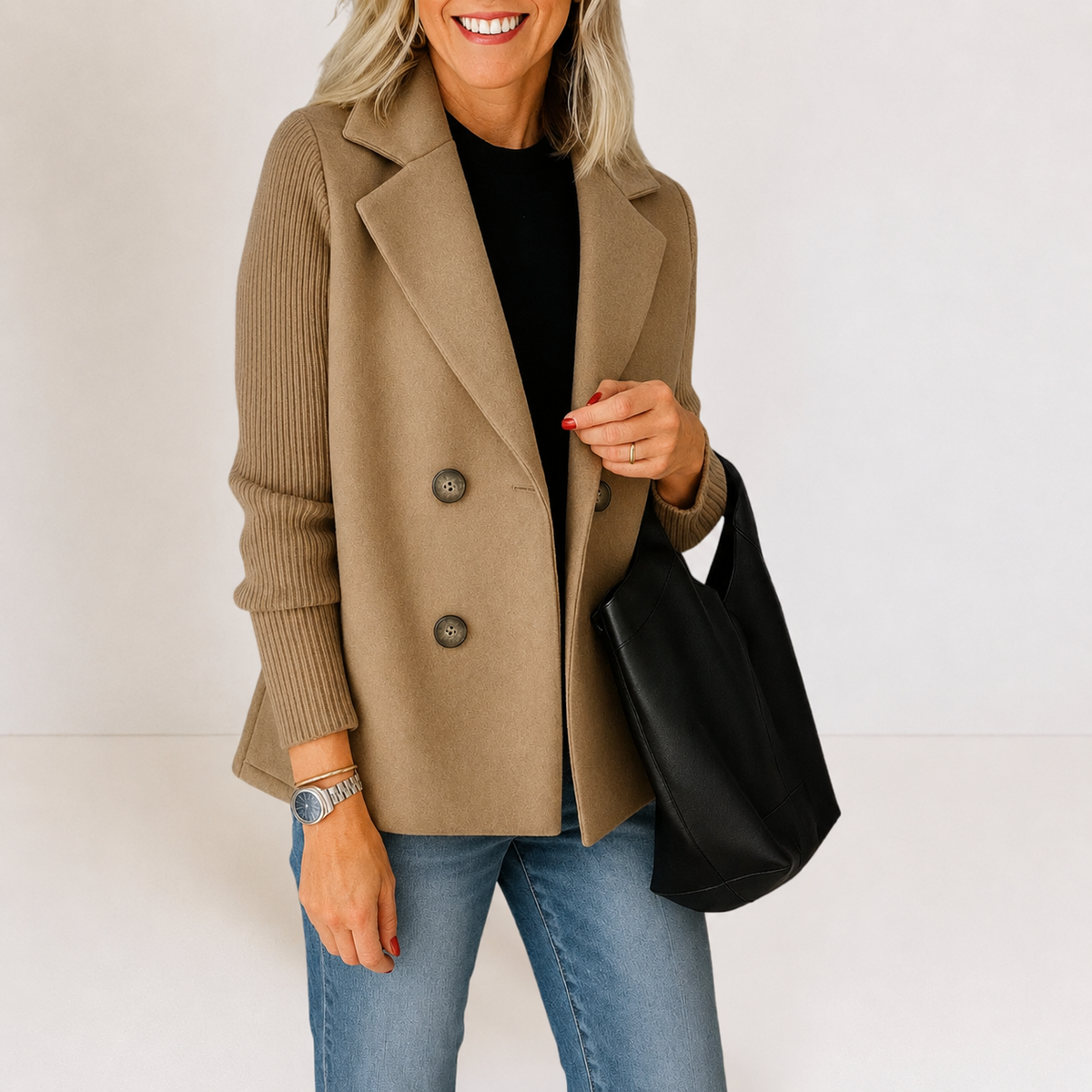 Double Breasted Knit Sleeve Notch Lapel Blazer 4