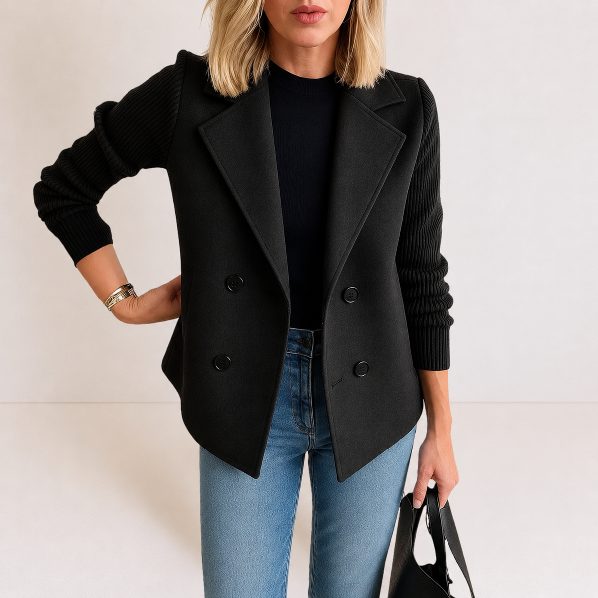 Double Breasted Knit Sleeve Notch Lapel Blazer 6