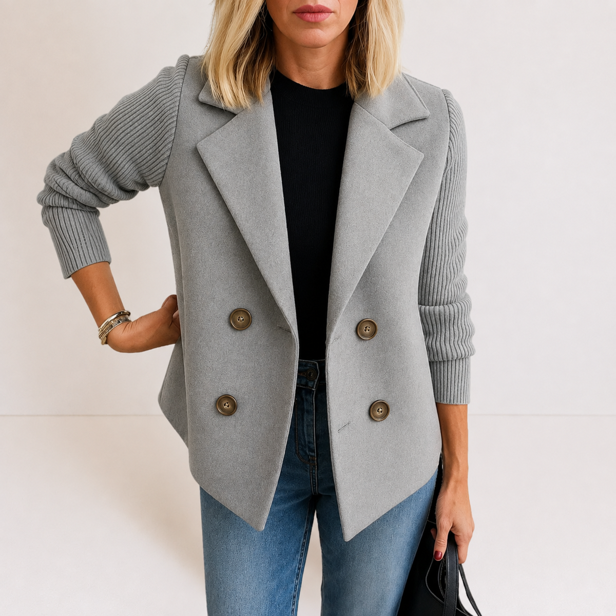 Double Breasted Knit Sleeve Notch Lapel Blazer 7