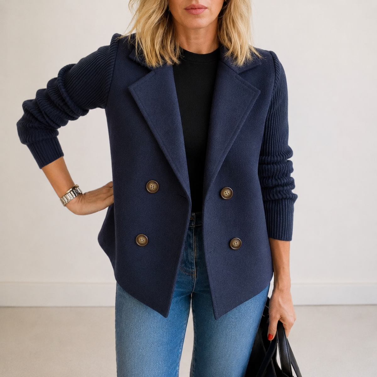 Double Breasted Knit Sleeve Notch Lapel Blazer 8
