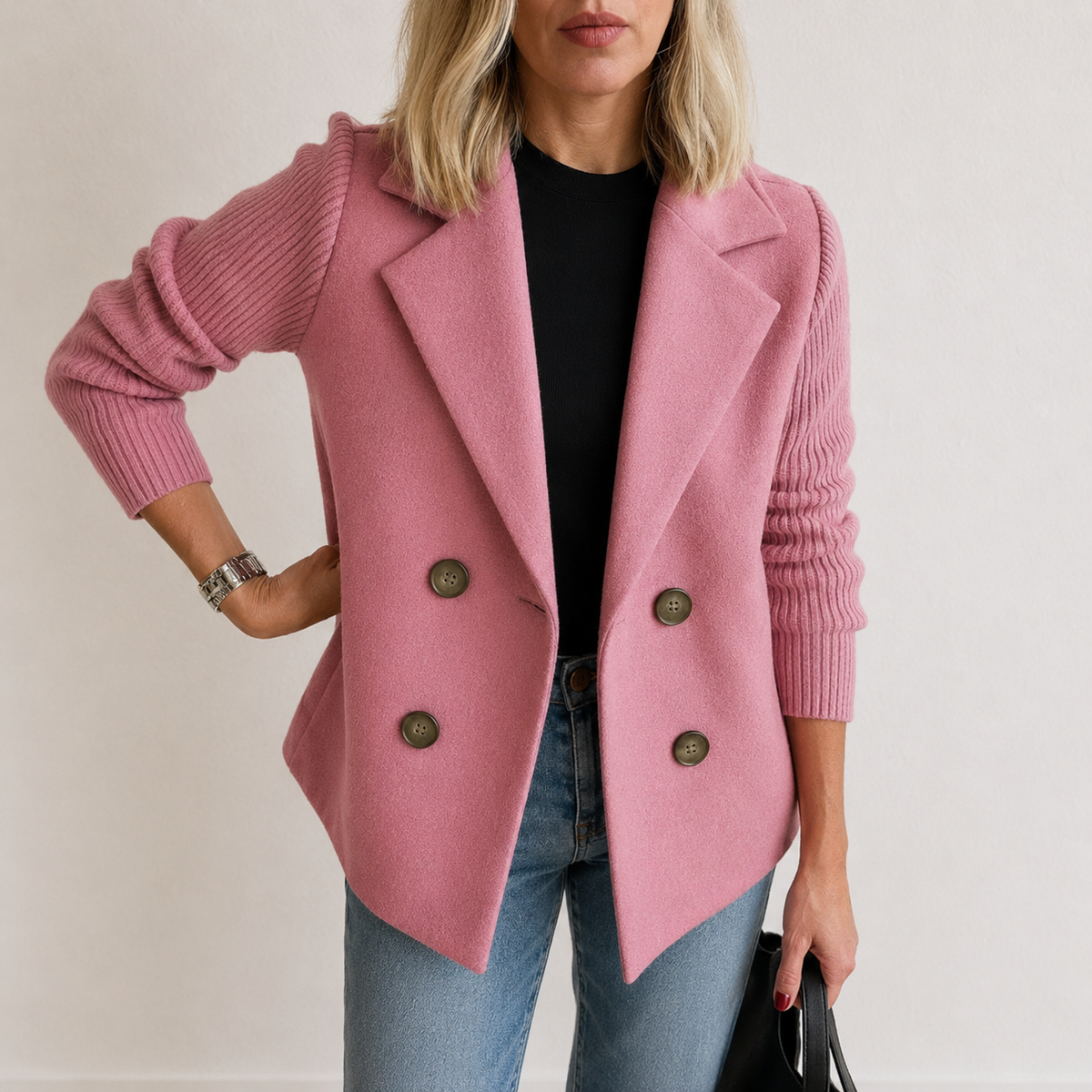 Double Breasted Knit Sleeve Notch Lapel Blazer