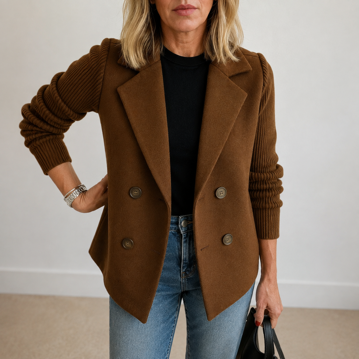 Double Breasted Knit Sleeve Notch Lapel Blazer 2