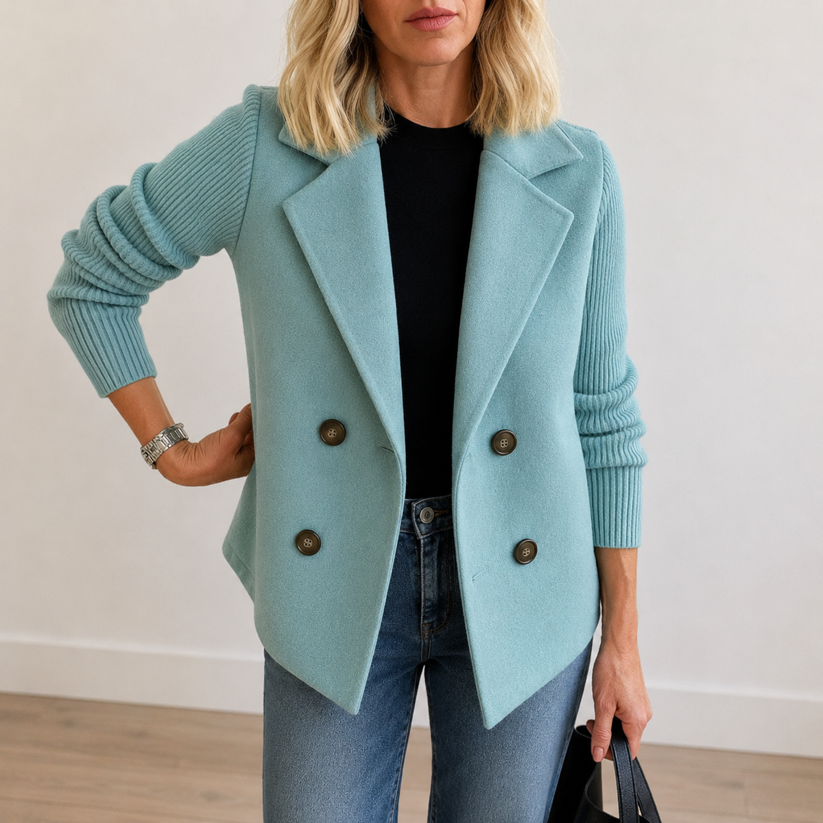Double Breasted Knit Sleeve Notch Lapel Blazer 10