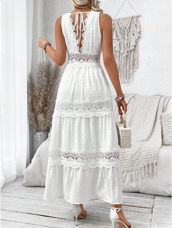 Lace Trim V-Neck Sleeveless Tiered Maxi Dress 2