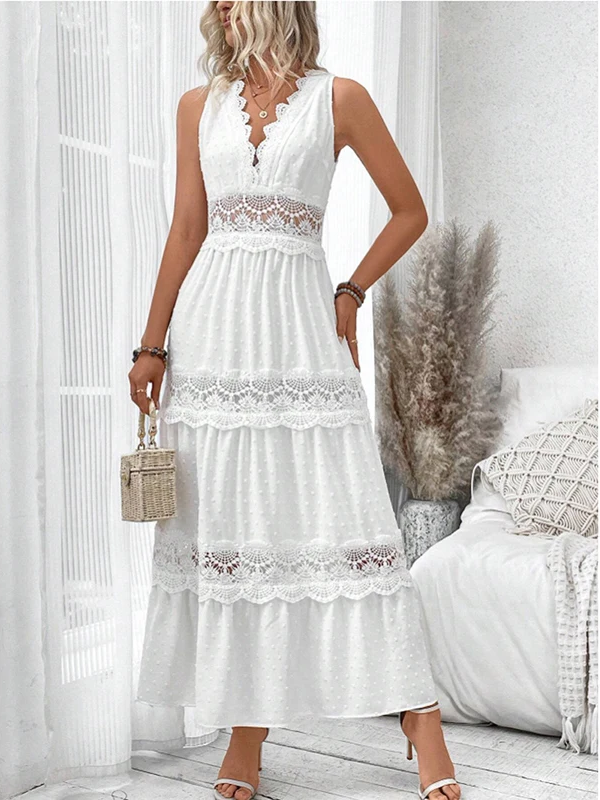 Lace Trim V-Neck Sleeveless Tiered Maxi Dress 3