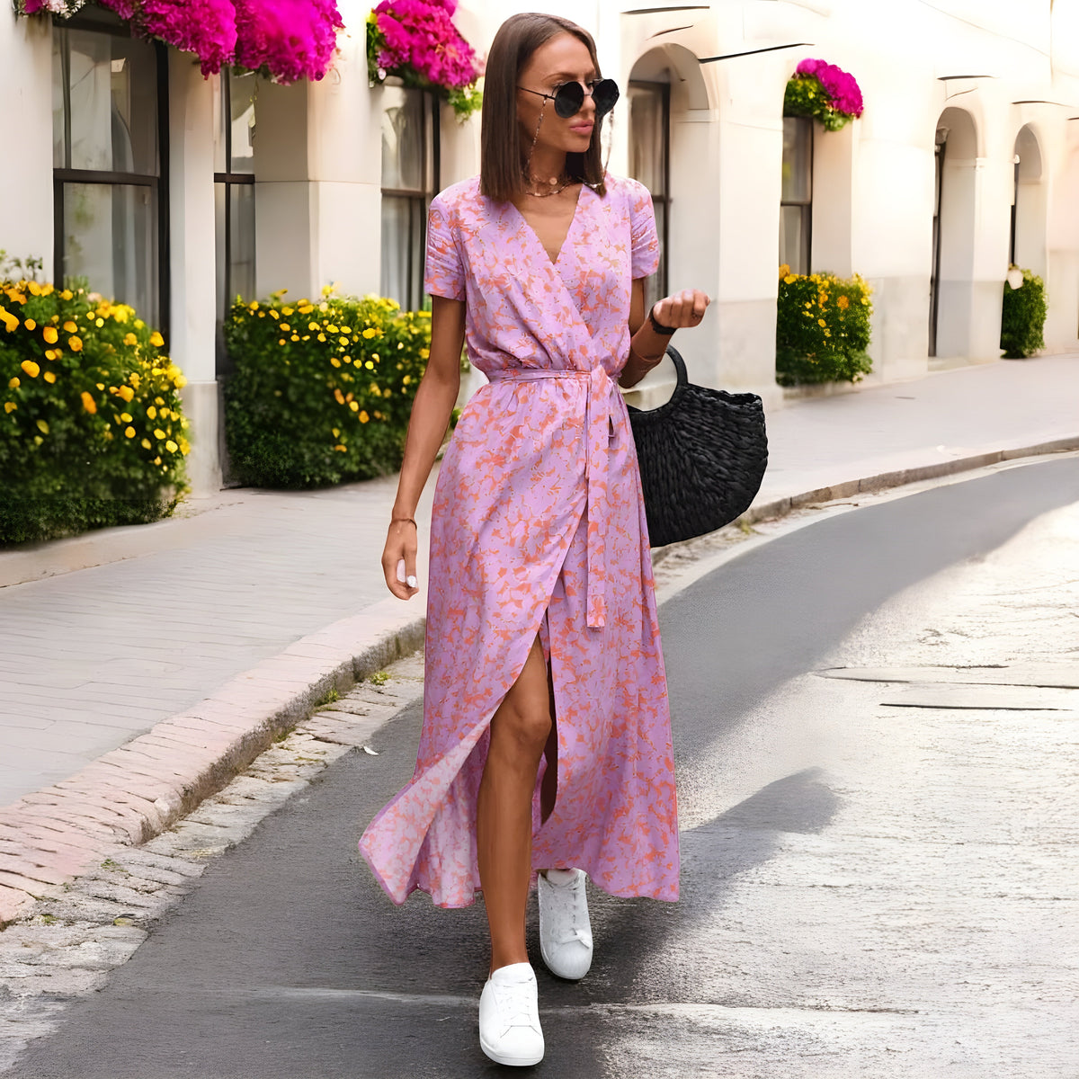 Floral Print V-Neck Short Sleeve Belted Wrap Midi Dress 5