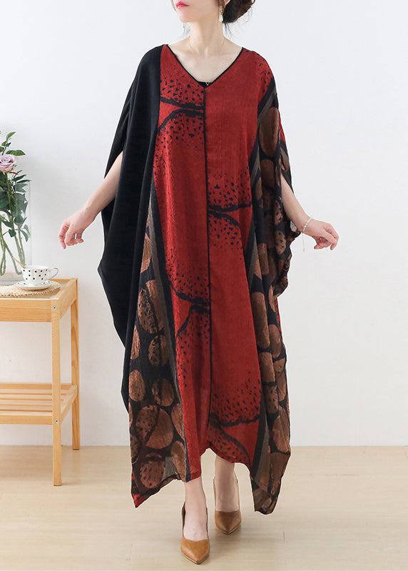 Abstract Print V-Neck Batwing Sleeve Asymmetric Hem Kaftan Maxi Dress