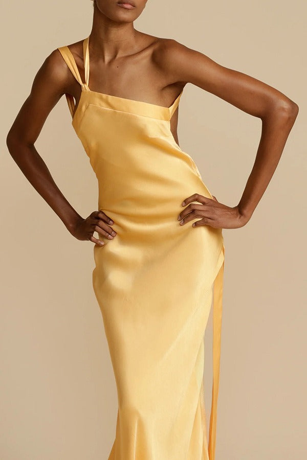 Satin One Shoulder Twisted Strap Mermaid Maxi Gown - View 2