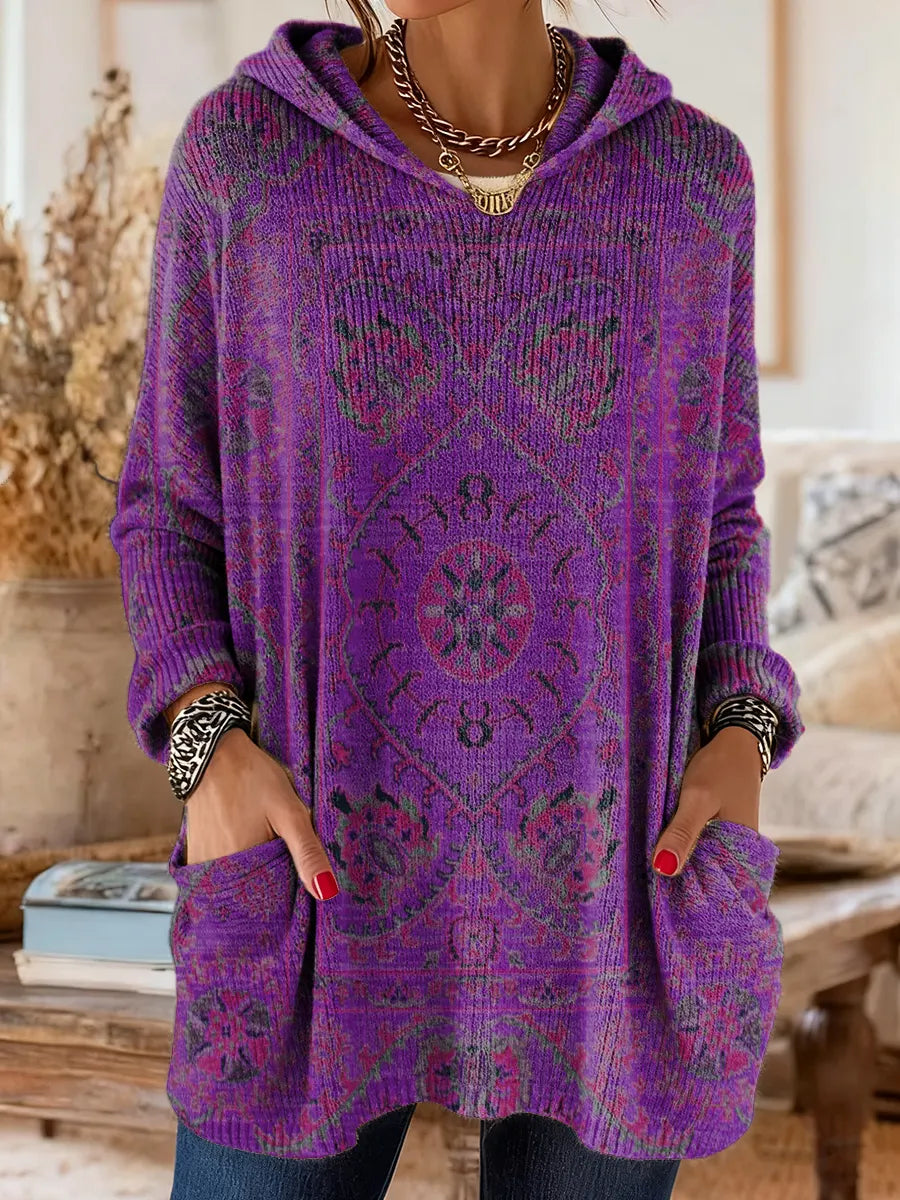 Medallion Print Hooded Oversized Tunic Sweater 4