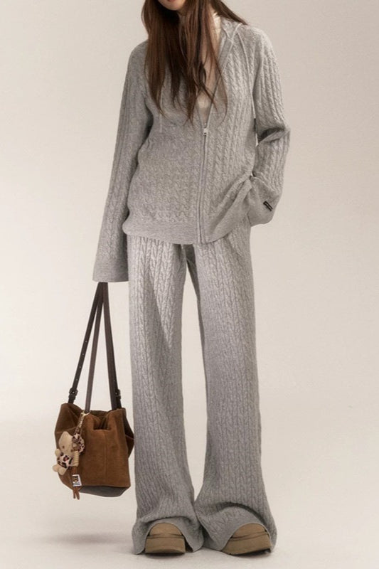 Cable Knit Hoodie Wide Leg Pants Knit Set