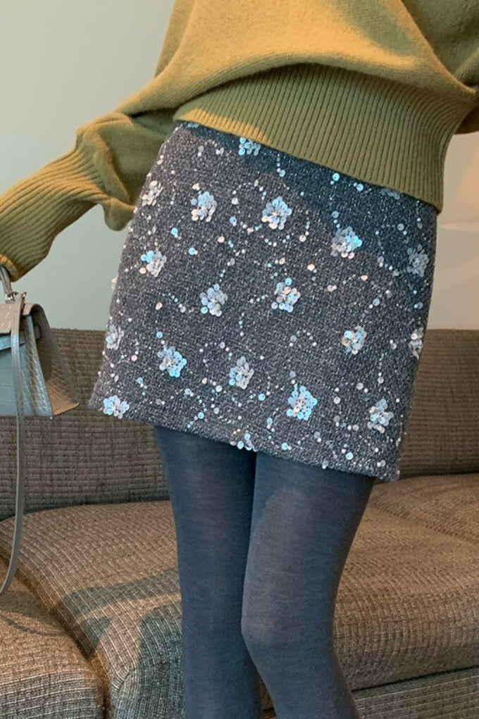 Embroidered Sequin High Waist A-Line Skirt