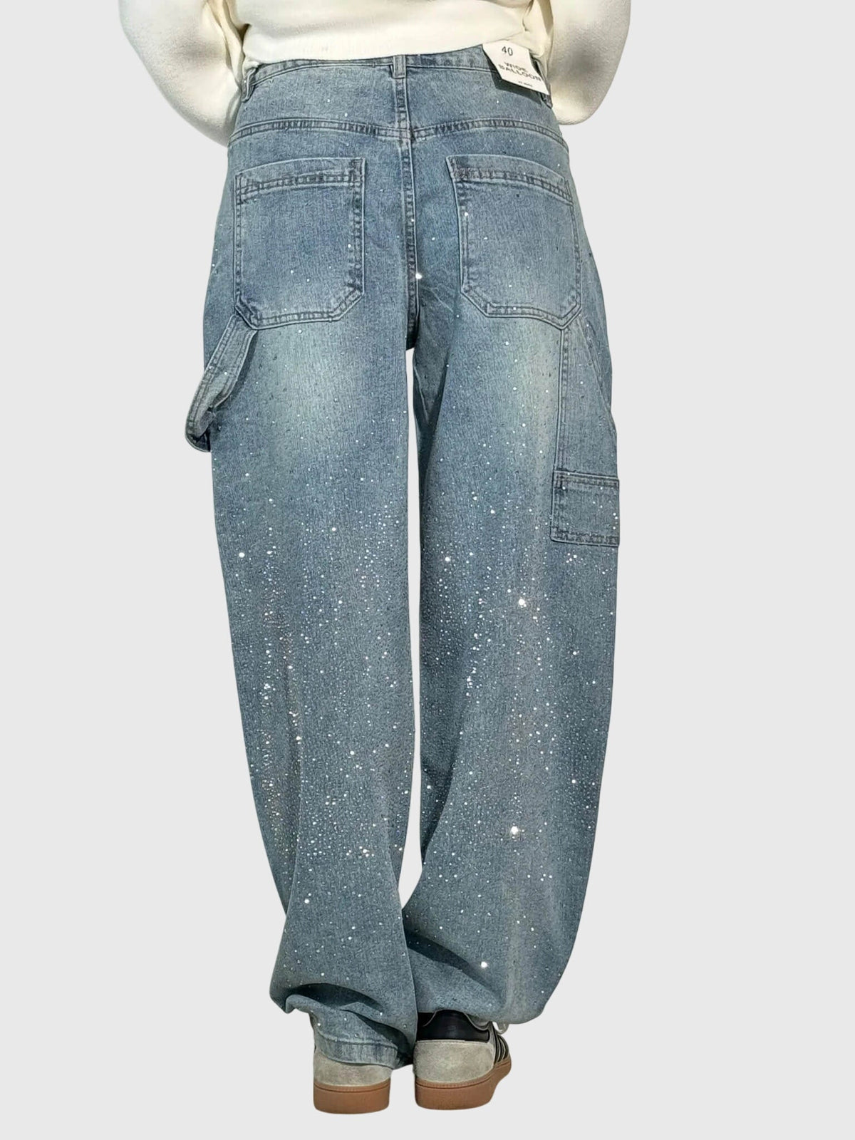 Rhinestone Embellished Wide Leg Cargo Jeans 7