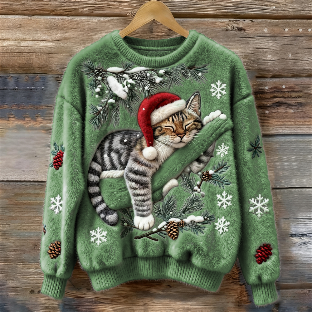 Crew Neck Christmas Cat Print Fuzzy Knit Sweater 7