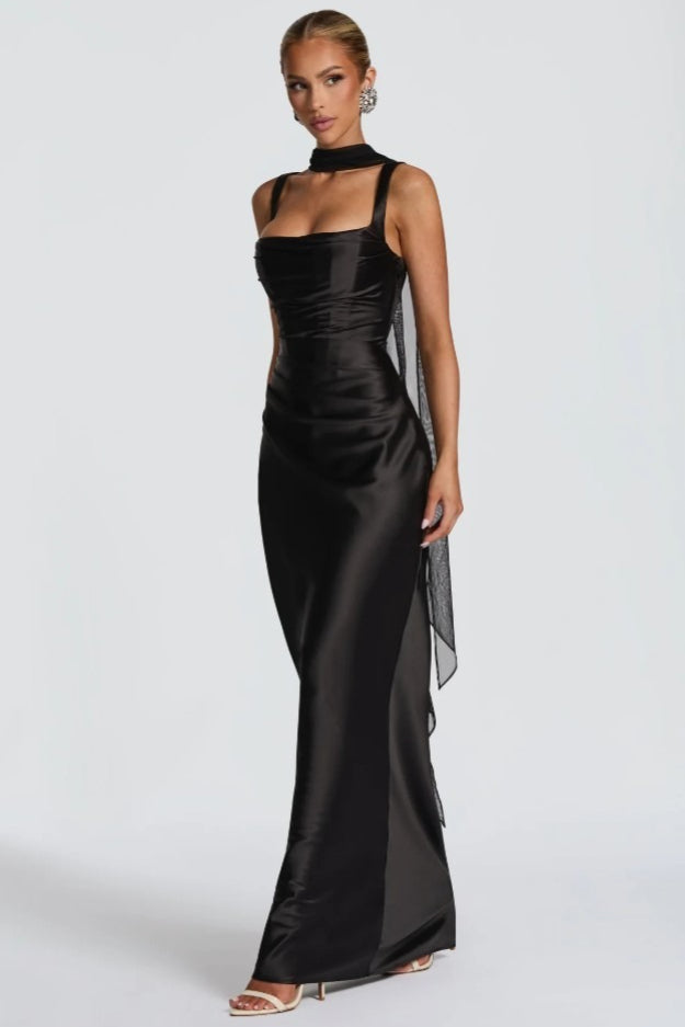 Square Neck Ruched Satin Bodycon Mermaid Dress - View 11