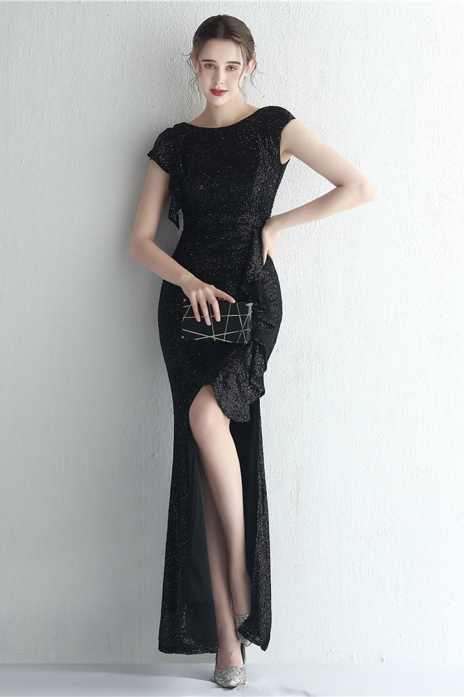 Sequin High Neck Cap Sleeve Ruffle High Split Mermaid Gown 29